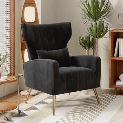 Nebuaegis Black Velvet Accent Chair Set of 4, Wingback Chair for Living Room, High Back Arm Chair with Golden Legs Lumbar Pillow, Upholstered Single Sofa Bedroom - color: Black, size: Set of 4