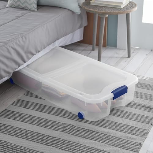 Clear Underbed Storage Bin with Lid, Wheels, and Security Lock, 66 Quart, Blue, 39.5x20.25x7 Inch