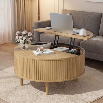 31.5" Round Coffee Table with Lifting Top, Storage for Living Room, Oak | Fluted Center Table, Mid Century Modern Design for Home Office and Small Space with 4 Hidden Compartments - color: Oak