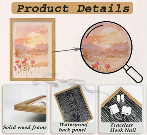 3 Pieces Watercolor Sunset Canvas Wall Art Blush Pink Wildflowers Painting Picture Wall Decor Boho Nature Poster Print Artwork for Living Room Bedroom Bathroom Home Decoration Framed - color: Floral-1, size: 16"L x 12"W
