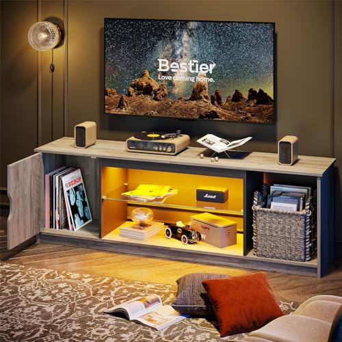 Bestier LED TV Stand for PS5,Modern Gaming Entertainment Center with Cabinet for 60/65 Inch TV, TV Console with Adjustable Glass Shelf for Living Room Bedroom Grey - color: Grey