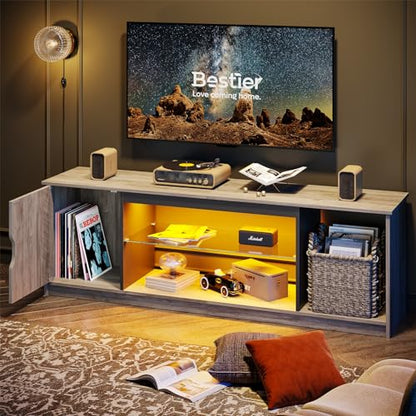 Bestier LED TV Stand for PS5,Modern Gaming Entertainment Center with Cabinet for 60/65 Inch TV, TV Console with Adjustable Glass Shelf for Living Room Bedroom Grey - color: Grey