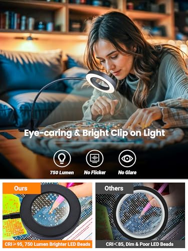 10X Magnifying Glass with Light,5 Colors+10 Brightness Magnifier with Light | 750 Lumen Magnifying Lamp, 58 LED Clip on Reading Lights for Books in Bed, Clip on Lamp for Desk/Headboard/Nail/Craft/Puzzle
