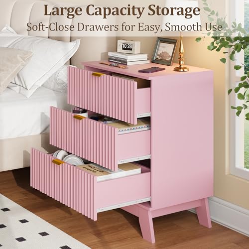 Fluted Nightstand with 3 Large Drawers, Wooden Side End Table with Elevated Legs for Easy Cleaning, Sturdy Modern Beside Table for Small Space, Bedroom, Pink, 24" L - color: Pink