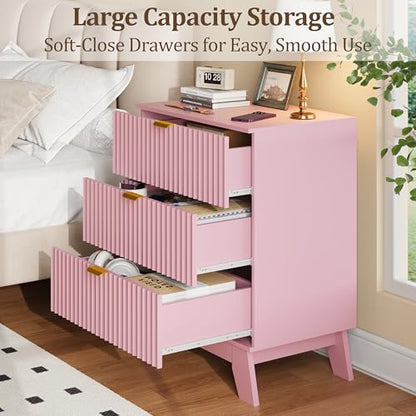 Fluted Nightstand with 3 Large Drawers, Wooden Side End Table with Elevated Legs for Easy Cleaning, Sturdy Modern Beside Table for Small Space, Bedroom, Pink, 24" L - color: Pink