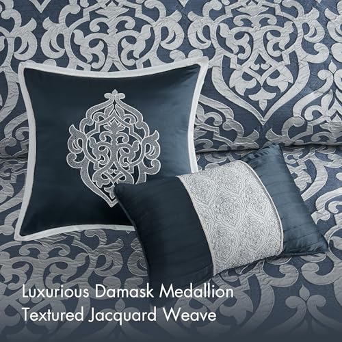 Madison Park Odette Cozy Comforter Set Jacquard Damask Medallion Design - Modern All Season, Down Alternative Bedding, Shams, Decorative Pillows, Queen(90 in x 90 in),Navy 8 Piece | All Season Down Alternative Bedding with Comforter, Shams, Bed Skirt, Dec