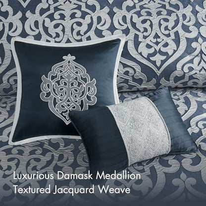 Madison Park Odette Cozy Comforter Set Jacquard Damask Medallion Design - Modern All Season, Down Alternative Bedding, Shams, Decorative Pillows, King(104 in x 92 in), Navy 8 Piece | All Season Down Alternative Bedding with Comforter, Shams, Bed Skirt, De