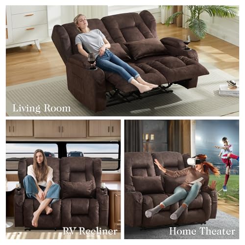 Loveseat Recliner Sofa,RV Wall Hugger Recliners for Small Spaces,Reclining Loveseat Sofa Recliner with Cup Holders/Lumbar Pillows,RV Furniture (Chestnut,56" 2-Seater) - color: Chestnut, size: 56" 2-Seater
