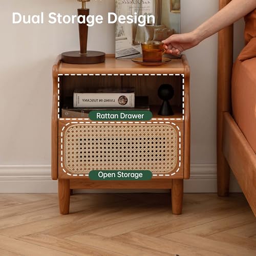 Cherry Wood Nightstand with Drawer, Rattan Nightstand, Natural Wooden Side Table, 19.3" H Bedside Table with Open Shelf, Small Nightstand for Bedroom - color: Natural, size: 1 pc(13.8"D x 17.7"W x 19.3"H)