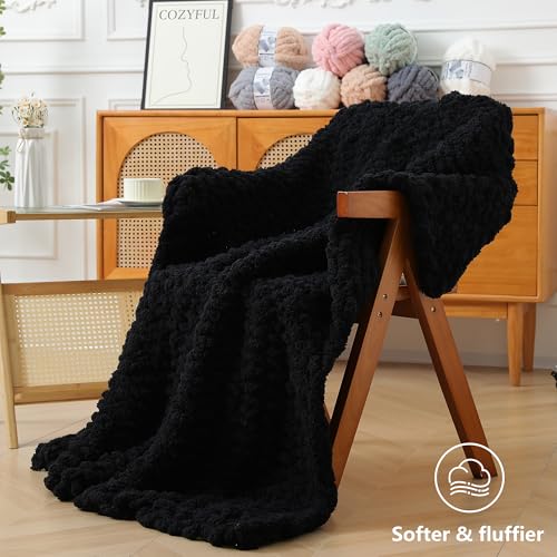 Cozyful Chunky Yarn for Hand Knitting - #10 Chunky Chenille Yarn, Jumbo Big Thick Chunky Yarns for Crocheting, Super Bulky Chunky Knit Blanket Yarns, 8 Skein (22 yds 8 oz Each Skein), Black - color: Black