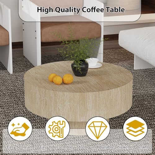 Round Drum Travertine Coffee Table with Pedestal Base | 30'' Modern Travertine Wooden Drum Center Table,Travertine Finish Drum Shape, Wooden Structure, For Living Room & Apartment - color: Travertine Round