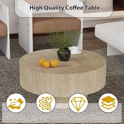 Round Drum Travertine Coffee Table with Pedestal Base | 30'' Modern Travertine Wooden Drum Center Table,Travertine Finish Drum Shape, Wooden Structure, For Living Room & Apartment - color: Travertine Round