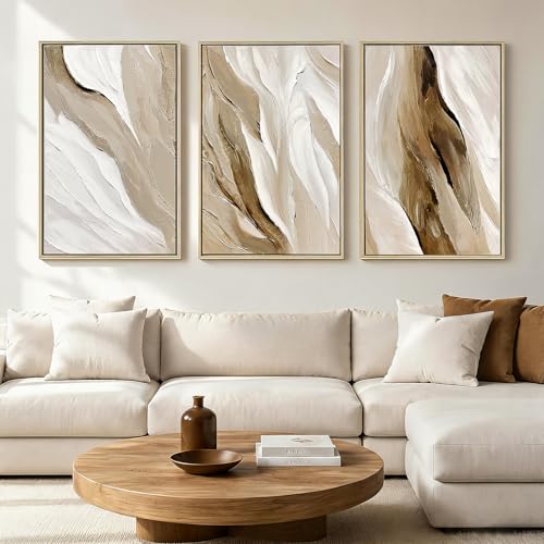 Neutral Beige Abstract Wave Wall Art Large Modern Canvas Artwork for Walls | Hand-Painted Texture Wall Art for Living Room, Hallway Office Wall Decor 3 Piece 24x36 Inch - color: Brown and White