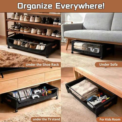 Under Bed Storage with Wheels, Black, 35L Large Capacity | Clear Lid & Label, Rolling Metal Drawer, For Clothes, Shoes, Toys, Books, Blankets