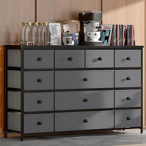EnHomee Dresser TV Stand with 13 Fabric Drawers for 45 Inch TV, Grey | Waterproof Wooden Top, Sturdy Metal Frame, Dual-Size Drawers for Classified Storage, Easy Assembly, Suits Bedroom, Entryway - color: Grey