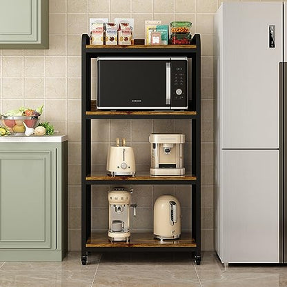 4-Tier Kitchen Baker's Rack with Rolling Wheels, Microwave Oven Cart Stand, Adjustable Utility Shelving Storage Unit, Heavy Duty Organizer Rack for Living Room, Garage, Home and Office(Brown)