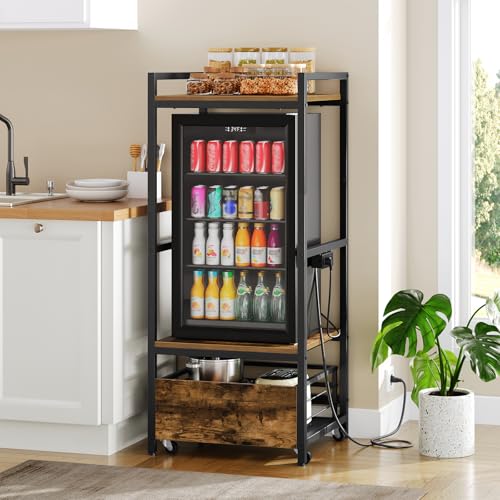 Mini Fridge Stand with Movable Drawer, Microwave Stand with Power Outlet, Mini Fridge Shelf with Adjustable Shelves, Kitchen Bakers Rack for Dorm, Dining Room, Home, Rustic Brown HB05UBR