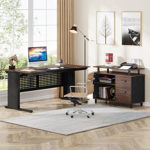 Tribesigns 63 Inch Executive Desk with File Cabinet, L Shaped Office Desk | Large Office Desk with File Drawer, L Shaped Desk with Storage Shelf, Business Furniture for Home Office, Dark Walnut - color: Black and Dark Walnut