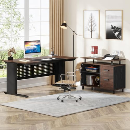 Tribesigns 63 Inch Executive Desk with File Cabinet, L Shaped Office Desk | Large Office Desk with File Drawer, L Shaped Desk with Storage Shelf, Business Furniture for Home Office, Dark Walnut - color: Black and Dark Walnut