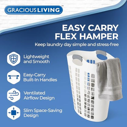 Gracious Living Laundry Basket, Easy Carry Flex Collapsible Hamper, 87.5L | Large Plastic Clothes Storage Organizer for Home, Bathroom, and Bedroom, White - size: 1 Pack