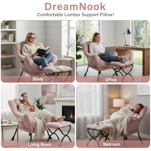 Lazy Chair with Ottoman, Velvet Reading Chair with Pillow，Pink | Comfy Accent Lounge Chair with Pillow & folding Foot Stool, sturdy metal frame for bedroom, dorm or apartment, Living Room - color: Pure Pink