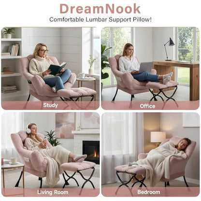 Lazy Chair with Ottoman, Velvet Reading Chair with Pillow，Pink | Comfy Accent Lounge Chair with Pillow & folding Foot Stool, sturdy metal frame for bedroom, dorm or apartment, Living Room - color: Pure Pink