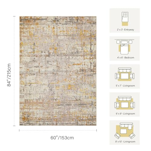 5x7 Neutral Abstract Area Rug, Beige Gold Carpet for Living Bedroom Dining | Machine Washable, Non-Slip, Stain Resistant Low Pile Modern Carpet with Rubber Backing for Dining Room Kitchen Home Decor - color: Beige Gold, size: 5' x 7' (Rectangular)