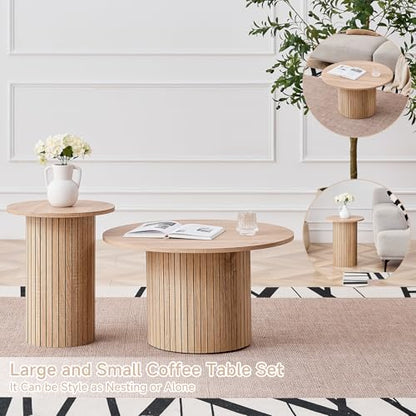 Round Nesting Coffee Table Set of 2 Mid Century Modern Wood Round Coffee Tables with Flexible Small Boho Circle Side Table for Space Saving Living Room Comedor Home Office Bedroom(Natural) - color: 2pcs Natural