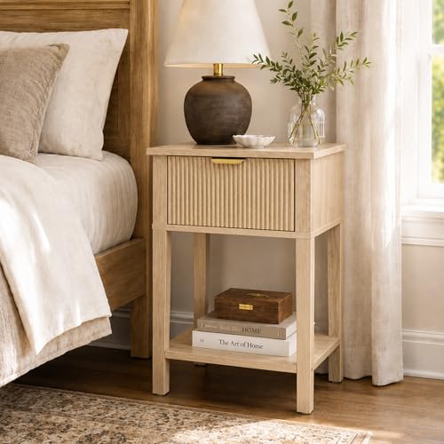 Natural Oak 15.4" Wide Small Nightstand with Drawer,Open Shelf,Fluted | Light oak tone, ribbed fluted front, 11.8-inch slim depth, concealed storage, airy fit for bedside, sofa side, or chair side - color: Natural Oak