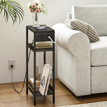 HOOBRO Small Narrow Side Table with Charging Station, Skinny End Table for Small Spaces, Slim Nightstand with USB Ports Outlet, Sofa Beside Table with Storage Shelf, Charcoal Black BC102UBZ01 - color: Charcoal Black + Black