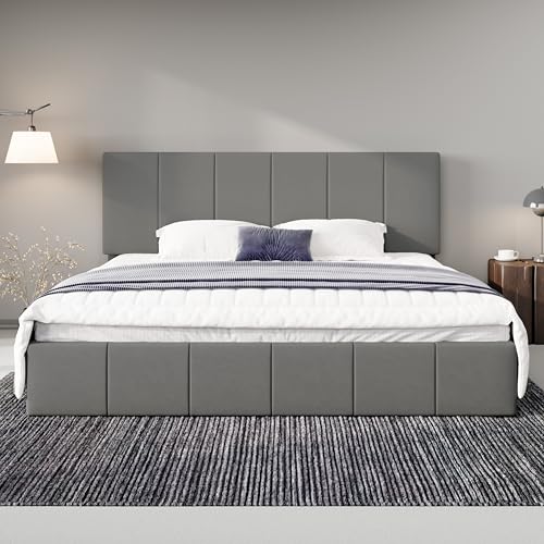 Allewie King Size Dutch Velvet Upholstered Platform Bed Frame/Vertical Channel Tufted Adjustable Headboard/Low Profile Bed Frame/No Box Spring Needed/Easy Assembly/Grey - color: Grey, size: King