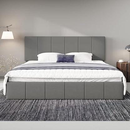 Allewie King Size Dutch Velvet Upholstered Platform Bed Frame/Vertical Channel Tufted Adjustable Headboard/Low Profile Bed Frame/No Box Spring Needed/Easy Assembly/Grey - color: Grey, size: King