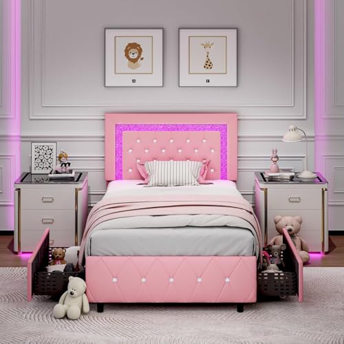 BarnFurin Twin Bed Frame with LED Lights and Diamond Tufted Headboard,Pink | Upholstered Bed Frame with Storage Drawers,Faux Leather Princess Platform Bed, No Box Spring Needed, Easy Assembly - color: Pink, size: Twin