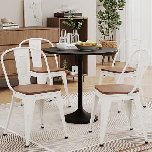 Alunaune 18inch Metal Dining Chair Set of 4 High Back Classic Chic Iron Farmhouse Chairs Industrial Stackable Coffee Stools Bistro Cafe Side Barstools Wood Seat-White - color: Cream White