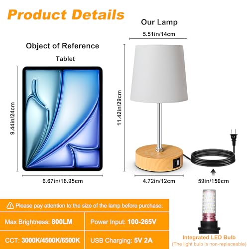 Ascher Small Bedside Table lamp Set of 2, RGB Color Changing Lamps, 3 Color Temperatures, Stepless Dimmable, Nightstand Lamp with USB C+A Ports for Bedroom Living Room, (White Shade, Wood Grain Base) - color: Wood Grain Base & White Shade - 2 Pack, size: