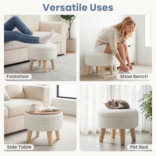 DUMOS Round Storage Ottoman with Reversible Tray Lid, Multi-Functional Footrest, Teddy Velvet Footstool with Wood Legs, Small Coffee Table for Living Room, Bedroom, Beige - color: Beige