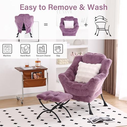Lazy Chair with Ottoman, Plush Reading Chair with Pillow，Purple | Removable machine-washable cover; includes an extra throw pillow; cozy accent chair for living room, bedroom, dorm or office - color: Plush Purple