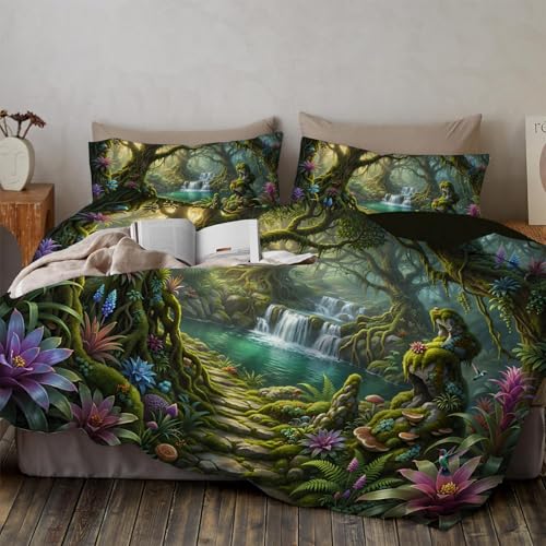 Magical Forest Duvet Cover Twin,3D Printed Bedding Set 3 Pieces,Comfy Reversible ancient trees and mushrooms Duvet Cover Set with 2 Pillow Shams,Zipper Closure and 4 Ties,68 x 90 in,Emerald green - size: Twin（68 x 90 in）