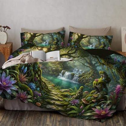 Soft Magical Forest Duvet Cover Queen,3D Printed Bedding Set 3 Pieces,Reversible ancient trees and mushrooms Duvet Cover Set with 2 Pillow Shams,Zipper Closure and 4 Ties,90 x 90 in,Emerald green - size: Queen（90 x 90 in ）