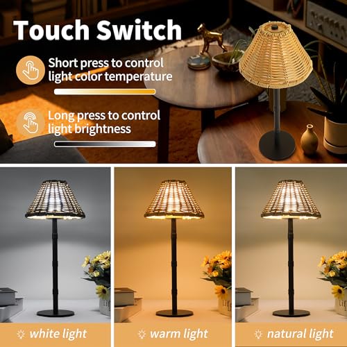 Mr.White Rechargeable Cordless Table Lamp with Wicker Shade, 5200mAh Battery Operated Portable Table Light with Touch Control, for Patio Restaurant Kitchen Dinner (Black) - color: Black+Wicker Lampshade