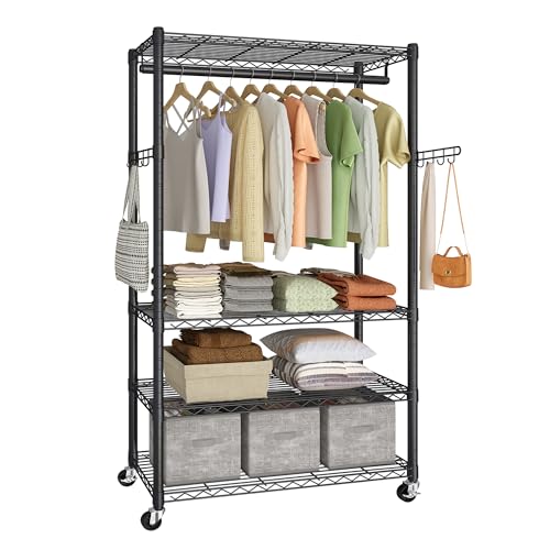 SONGMICS Heavy-Duty Rolling Clothes Rack, Garment Rack, Portable Closet on Wheels, with Adjustable Mesh Shelves and Hanging Rails, Hooks, 15.8 x 35.4 x 78.3 Inches, Ink Black ULGR418BH01 - size: 35.4"W-With Storage Shelves