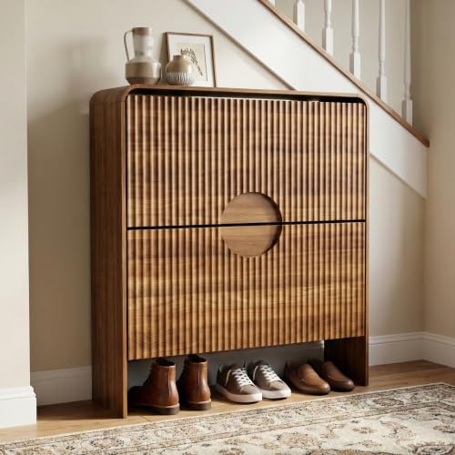Narrow Shoe Cabinet with Entry Way, Slim Shoe Storage Cabinet for 2 Tier Doors, No Shelf, Fluted Hidden Shoe Rack Organizer for Entrance, Entry Way, Foyer, Walnut Small - color: Walnut Small