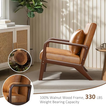 Mid Century Accent Chair with Solid Oak Frame & Faux Leather, Brown | Upholstered Lumbar Pillow Lounge Chair Brown Faux Leather Cozy Leisure Chair Retro Living Room Chair for Bedroom Waiting Room - color: Walnut Wood - Pu Brown, style: 1 PCS
