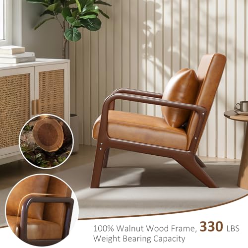 Mid Century Accent Chair w/Oak Frame Set of 2, Brown Faux Leather | Upholstered Lumbar Pillow Lounge Chair Brown Faux Leather Cozy Leisure Chair Retro Living Room Chair for Bedroom Waiting Room - color: Walnut Wood - Pu Brown, style: 2 PCS