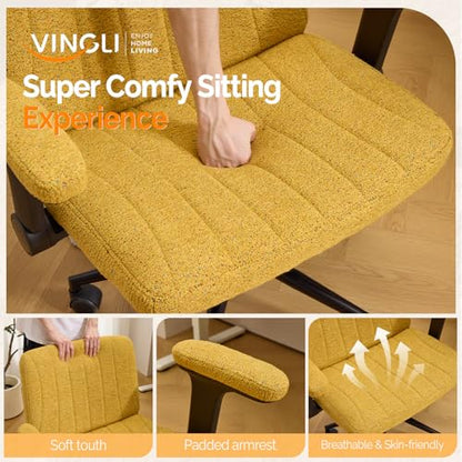 VINGLI Criss Cross Chair with Adjustable Flip-Up Arms,Cross Legged Chair with Wheels,Extra Wide Office Chair,Desk Chair for Home Office,Vanity,Bedroom, Apartment,Starry Chenille,Pale Yellow - color: Pale Yellow