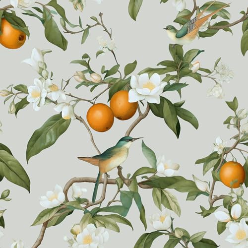 Birds Floral Wallpaper Peel and Stick 17.5" × 118", Beige/Orange | Self Adhesive/Removable/Waterproof/Thick Vinyl Contact Paper for Bathroom Bedroom Shelf Cabinet Drawer,Prepasted,Easy Peel - color: Beige, size: 17.5" x 118"