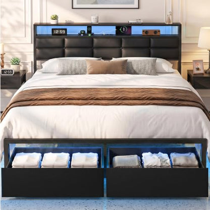 Queen Bed Frame with 2 Storage Drawers, LED Lights & Charging Station, Upholstered Headboard with Shelves, Heavy Duty Metal Platform, No Box Spring Needed, Noise Free, Easy Assembly - size: Queen