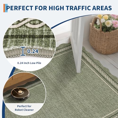 GarveeHome Washable Runner Rugs 2x8 Entryay Rug Scalloped Non Slip, Green | Bathroom Rugs Non Slip Kitchen Runner Low Pile Hallway Rug Stain Resistant Carpet for Entry Laundry Room - color: Green, size: 2' x 8' (Runner)