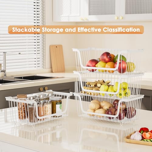 4 Pcs Stackable Wire Baskets for Pantry Organizers and Storage, White | Metal Baskets with Handles,Produce Potato Onion Storage Bin,Vegetable Fruit Basket for Countertop, Kitchen Storage - color: White