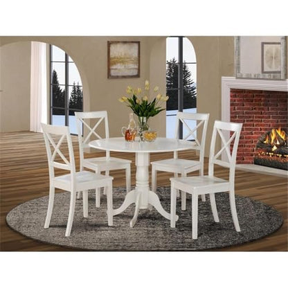 East West Furniture DLBO5-WHI-W 5 Piece Kitchen Table Set for 4 Includes a Round Dining Room Table with Dropleaf and 4 Solid Wood Seat Chairs, 42x42 Inch, Linen White - color: Dlbo5-whi-w, size: Table + 4 Chairs